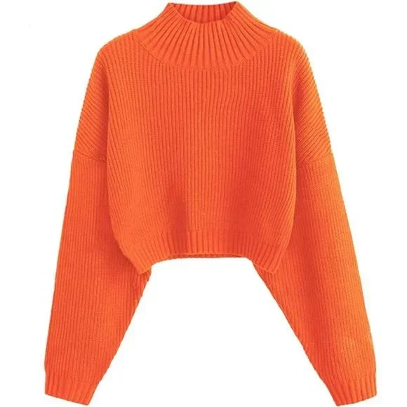 Cropped Turtleneck Sweater Lantern Sleeve Pullover Sweater Jumper for Women